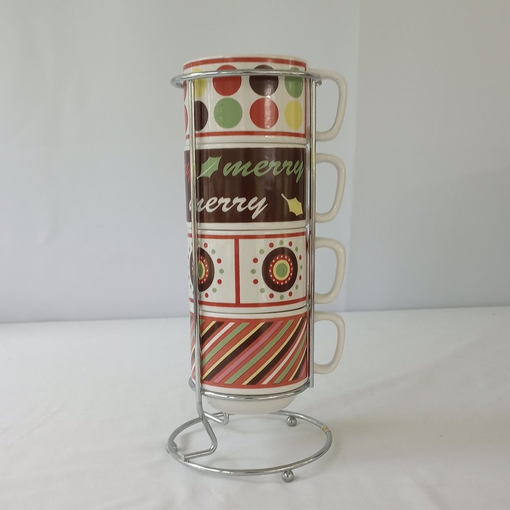 Vintage Holiday Ceramic Egg Nog/Cider/Hot Chocolate Cups & Stand